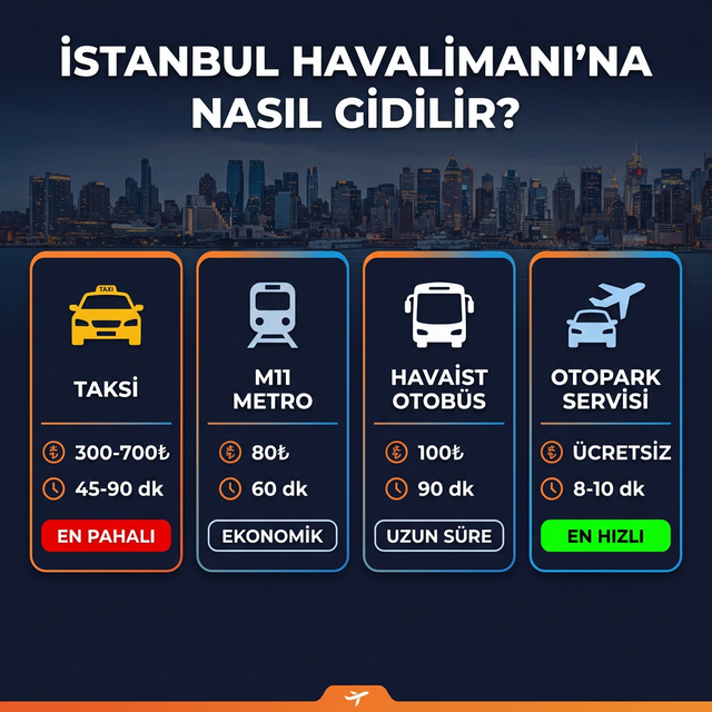 İstanbul Havalimanı transfer seçenekleri – taksi, M11 metro, Havaist otobüsü ve otopark servisi karşılaştırması